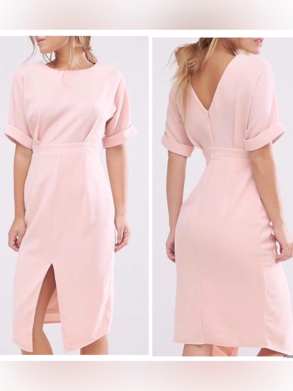 Asos Blush Pink Dress Knee Length Short Sleeve Pencil High Neckline 4